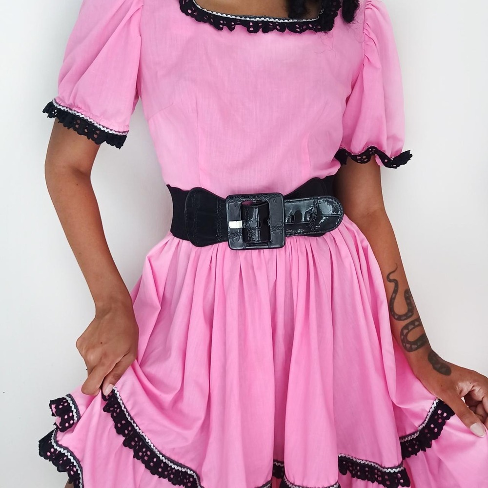 Handmade Pink Square Dance Prairie Dress with Black Eyelet Trim - Picture 3 of 4